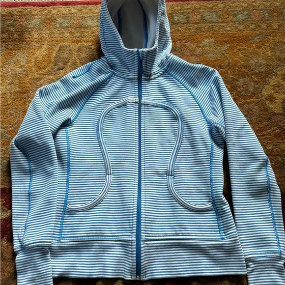 Lululemon Athletica Blue and White Bomber Jacket with Sporty Ribbed Design - Picture 1 of 5